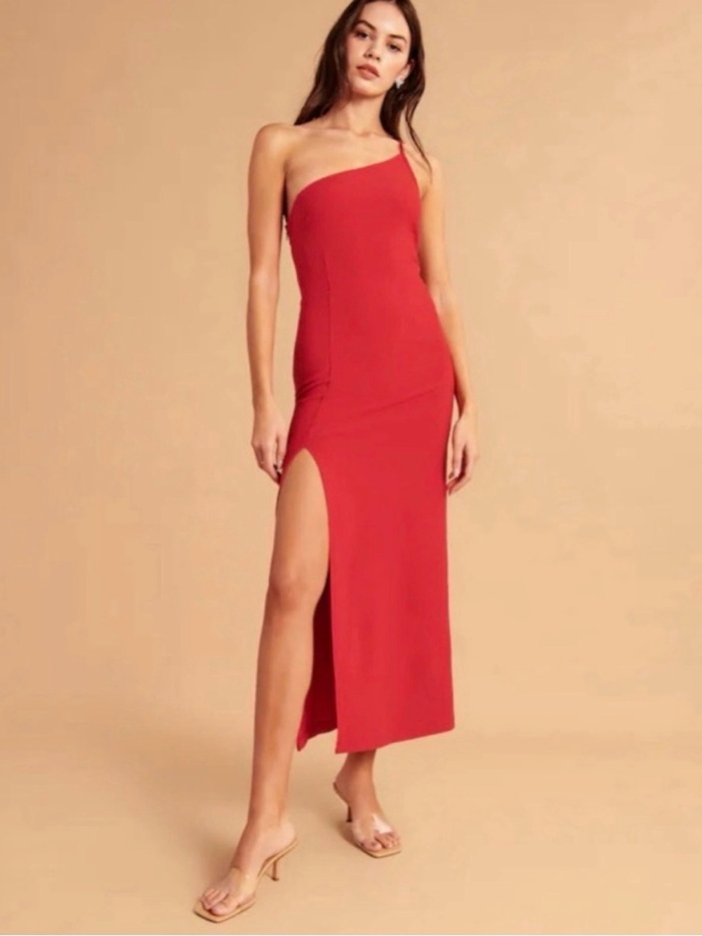 Abercrombie & Fitch One-Shoulder Red Midi Dress with Thigh Slit
